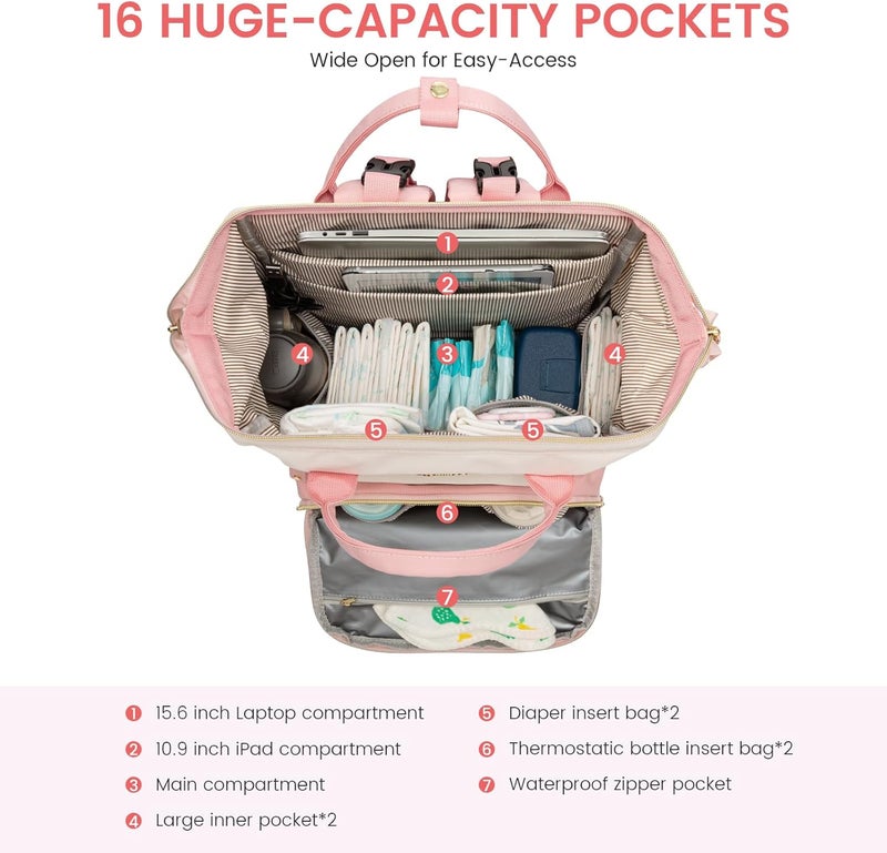 Lovevook Diaper Bag Backpack, Baby Bag with Changing Station, Large Diaper Backpack for Moms Dads, Waterproof Leather Accents Baby Boy and Girl Bag for Travel Baby Essentials, Pink-Beige - Image 2